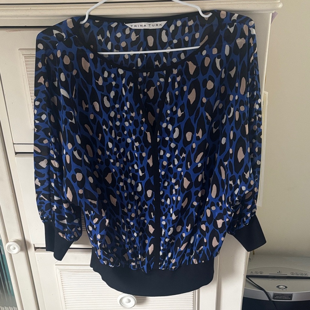 Trina Turk Blue and Black Animal Print Dolman Blouse